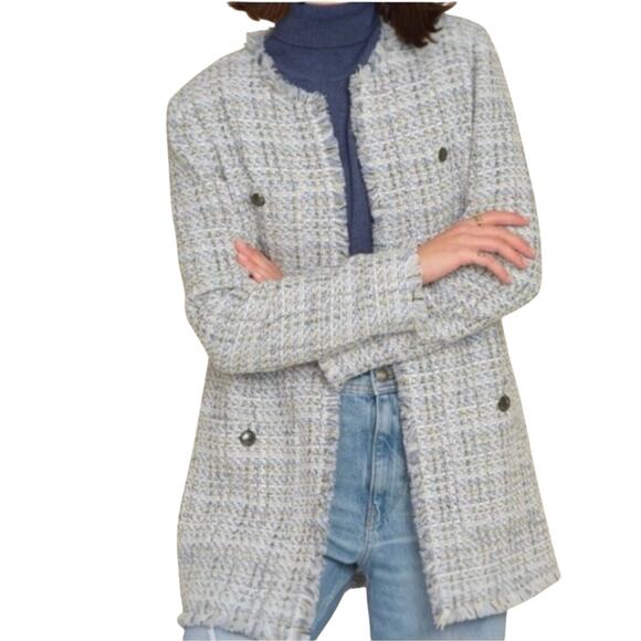 Elie Tahari Size M Tweed Open Front Fringe Long Blazer Coat Jacket Blue Preppy - Picture 1 of 15